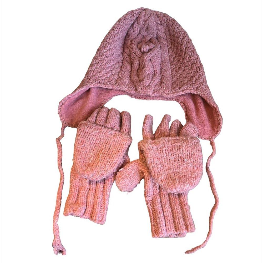 American Eagle Pink Knit Hat and Gloves/Mitten Set